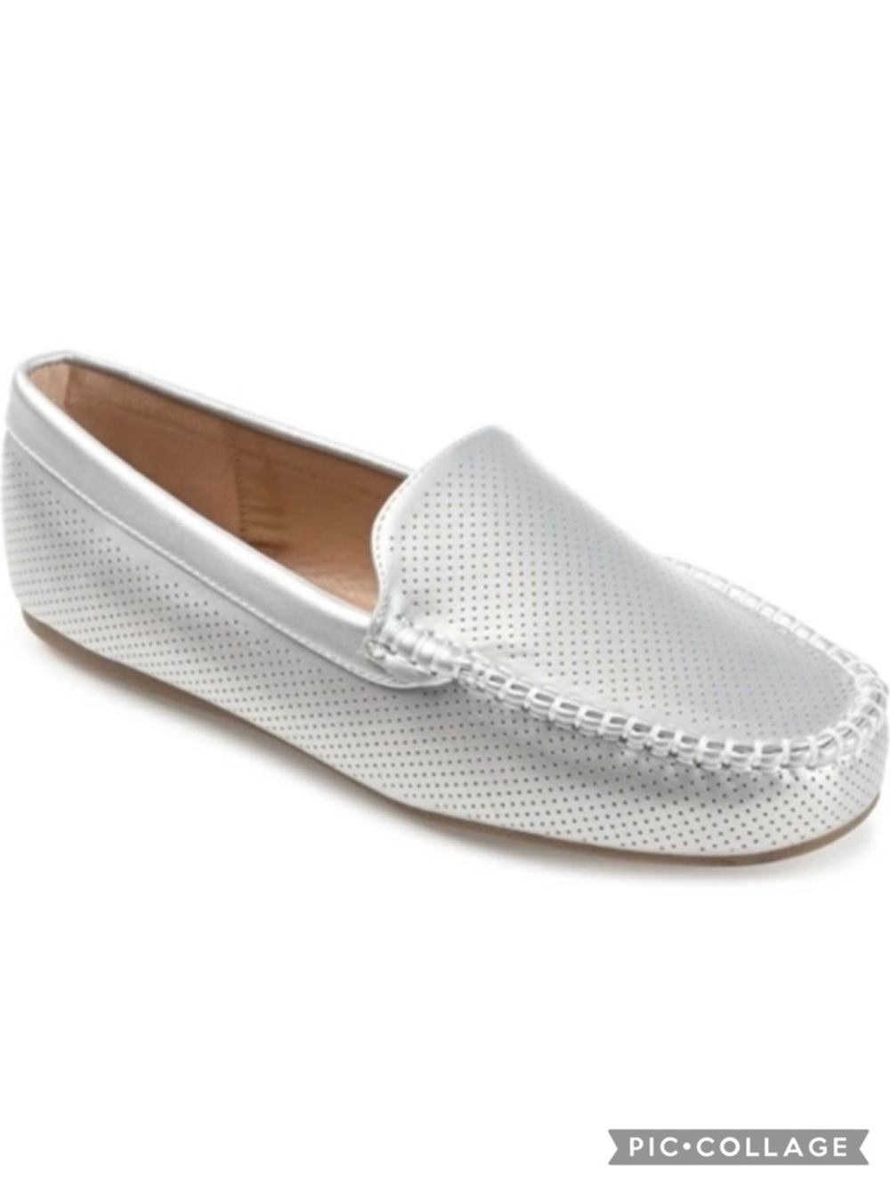 Journee Collection Halsey Loafers Moc Toe Silver Faux Leather Perforated NWOT 9